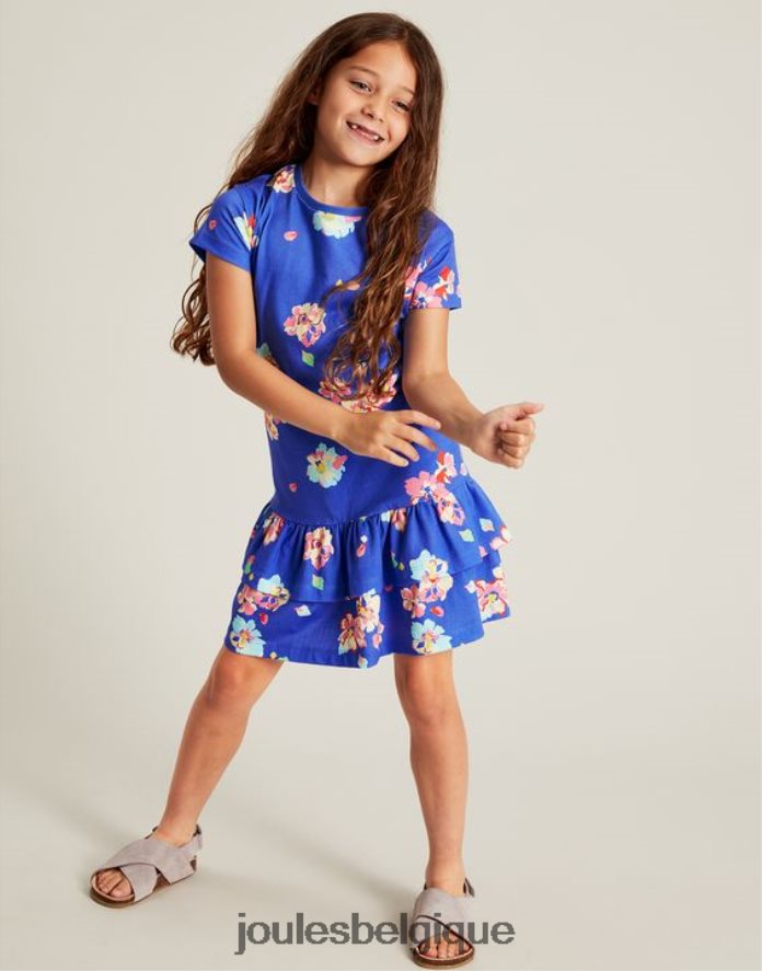 bleu fleuri robe en jersey à basque manches courtes markleigh 2-12 ans filles vêtements Joules ND0H6T276