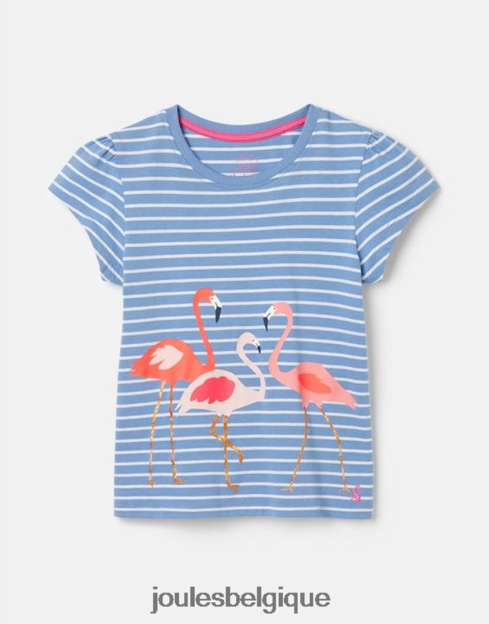 flamant rose à rayures bleues t-shirt sérigraphie lutin 2-12 ans filles vêtements Joules ND0H6T289