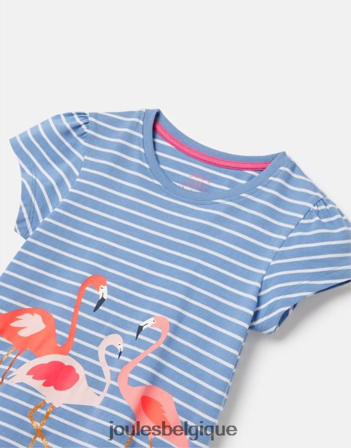 flamant rose à rayures bleues t-shirt sérigraphie lutin 2-12 ans filles vêtements Joules ND0H6T289